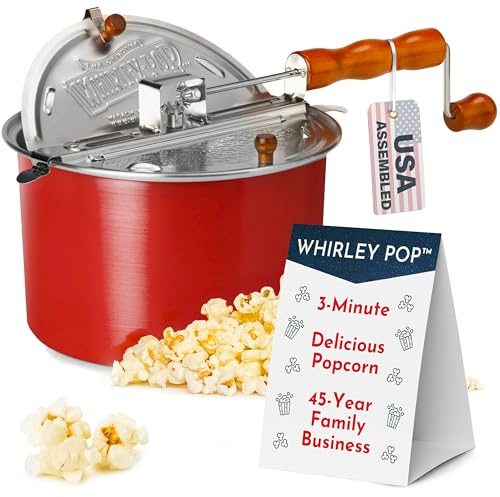 Original Whirley Pop Popcorn Maker - 6 Quart Popcorn Popper (Red), Aluminum Popcorn Maker With Metal Gears, Wabash Valley Farms Stove Top Popcorn Maker, Gourmet Popcorn Pot, Culinary Popcorn Popper