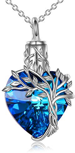 TOUPOP Asksmycken s925 sterling silver livets träd urna halsband för aska minnessak minnesmedaljong kremering smycken med trattfyllare, Sterlingsilver, Kristall