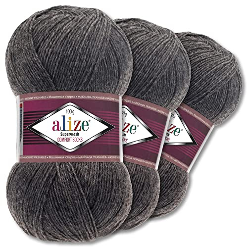 Wohnkult Alize Superwash Comfort - Gomitolo di lana per calze, 3 x 100 g, 33 colori a scelta, tinta unita / multicolore (182, grigio scuro mélange)