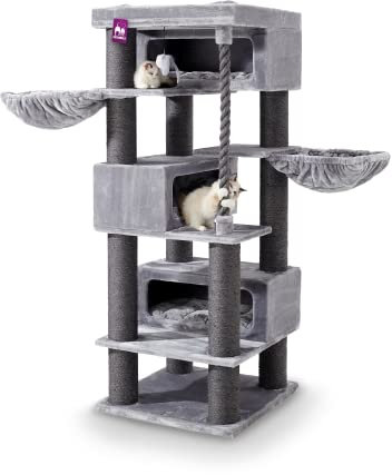 Petrebels Kratzbaum XXL, Turnpike 200 cm, mit Dicke Ø 15 cm Stämme, Maine Coon Kratzbaum für große Katzen, 76 x 76 x 200 cm, Farbe Grau