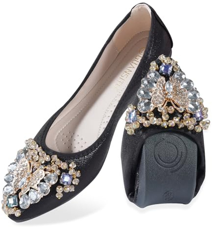 MACHSWON Ballerine da donna con farfalle e strass da sposa ballerine pieghevoli e luccicanti, comode, senza lacci, per le donne, Nero , 40 EU