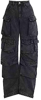 BXCNCKD Pantaloni Cargo Larghi da Donna Y2K Abbigliamento Multi-Tasca Jeans vestibilità Rilassata Vestiti Grunge Alt Hip Hop, Nero, L
