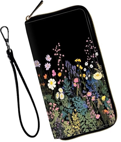 Mxfdegf Wristlet Wallet for Women Teen Girls RFID Blocking Credit Card Holder with Removable Wristlet, Leather Phone Wallet Clutch Large Capacity Ladies Travel Purse-Midnight Flowers
