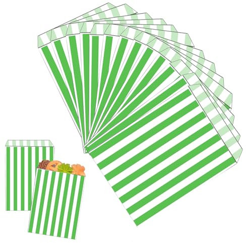 100 Grün Gestreifte Papiertüten, 12x18cm, SchenkePapiertüten, Schokolade, Bonbons und Plätzchen Für Kinder,Pommes und Dergleichen, Feten Für die Weihnachtsfeier und die Geburtstage.