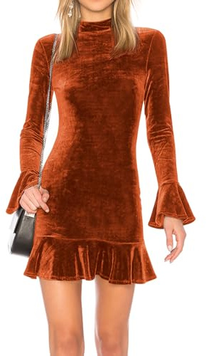 R.Vivimos Automne Hiver Femmes Manches Longues Collant en Velours Jupe Courte col Haut Collant Volants Mini Robe(XL,Rouillebrun)