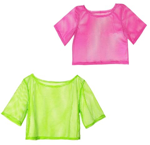 UILYNIU 2 Pièces T-Shirt en Maille pour Femme Tenue, Haut en Résille Fluo, Déguisement des Années 80, Femme Accessoire Fluo pour Fête Néon Année 80 90 s Thème Soirée Carnaval (Vert, Rose)