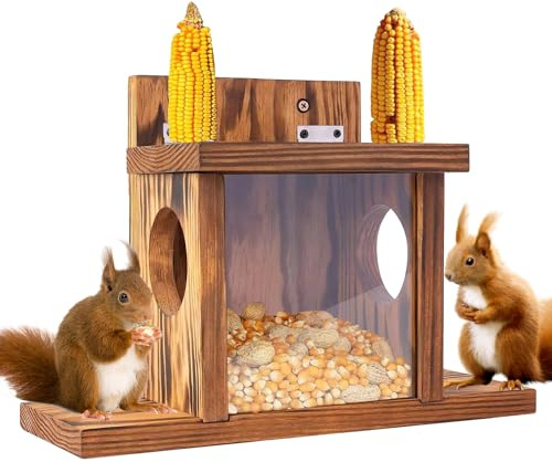 MEETOZ Carbonized Wooden Squirrel Feeder for Outside, Squirrel House, Chipmunk Feeder Hold Corn, Corn Cob, Peanuts (Brown)
