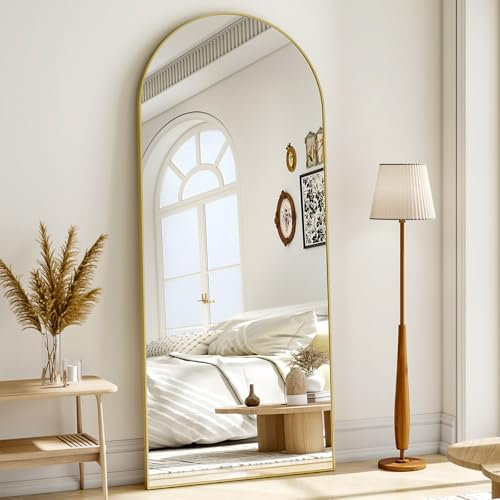 BEAUTYPEAK Miroir sur pied, grand, motif arc, 170 x 57 cm, corps entier, bombé, à poser ou à accrocher au mur, avec support, pour chambre, salon ou dressing, doré