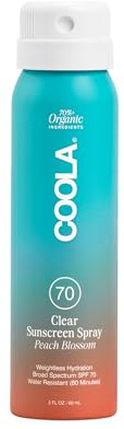COOLA Organic Sunscreen SPF 70 Sunblock Spray, Dermatologist Tested Skin Care for Daily Protection, Vegan and Gluten Free, Peach Blossom, 2 Fl Oz