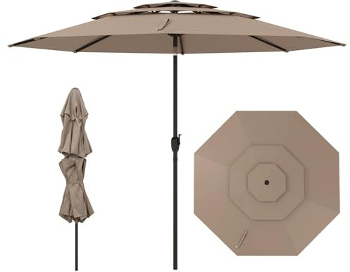 COSTWAY Sonnenschirm windfest stabil, 300 cm Gartenschirm mit Kurbel, beidseitig um 30° knickbar, UV-Schutz, Terrassenschirm belüftet, Marktschirm für Terrasse, Garten, Balkon (Hellbraun)