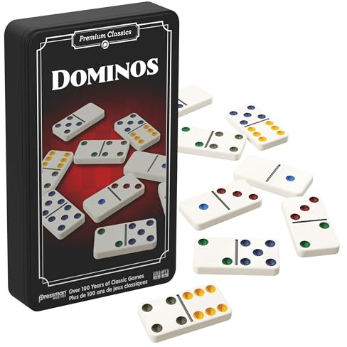Goliath Domino, Klassisches Brettspiel für Erwachsene und Kinder ab 5 Jahren, Reiseversion mit Metallbox mit 28 hochwertigen Dominosteinen mit farbigen Punkten für 1-5 Spieler