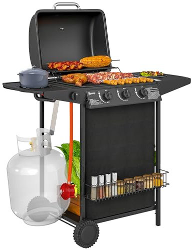 Outsunny 3+1 Burner Gas BBQ Grill, Portable Gas Barbecue Grill with Built-in Thermometer, Lid, Side Table, Shelf, Spice Rack, Wheels, Grease Cup for Garden Party Outdoor Cooking, Black