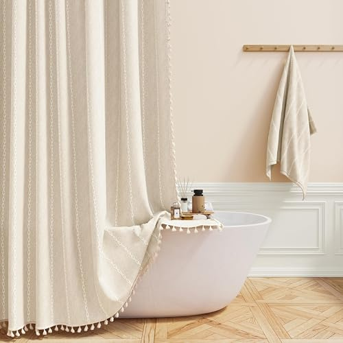 BTTN Boho Farmhouse Shower Curtain, Mildew Resistant Striped Linen-Look Fabric Tassel Shower Curtains, Durable and Washable with 12 Plastic Hooks, Vintage Bohemian, 182 x 182cm, Beige/Cream