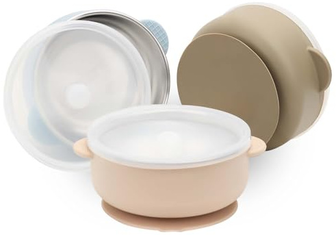 MOJINL 3 ciotole in acciaio inox con ventosa e coperchio, in acciaio inox, per bambini, antiscivolo, per porridge e snack, senza BPA, lavabile in lavastoviglie