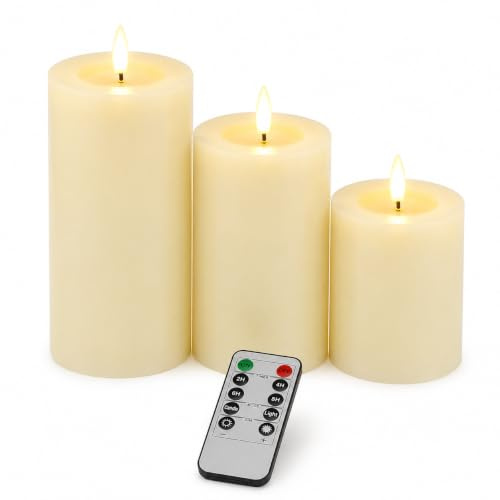 JHY DESIGN Flimrande flamlösa ljus batteridrivna med 10-knappars fjärrkontroll och 2/4/6/8-timmars timer, äkta vaxpelare fetteffekt LED-ljus set för jul/heminredning (elfenben)