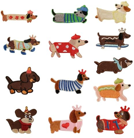 13 Stück Aufbügel Patches Dackel, Bügelbilder für Textilien, Dachshund Sticker, Dackel Kollektion Bügelsticker, Verschiedene Dackelmuster für Jeans, Kleidung, Hut, Rucksack, Leinwand