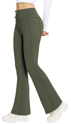 baleaf Leggings térmicos acampanados para mujer, pantalones de yoga con forro polar y 4 bolsillos con cordón de cintura alta, pantalones de corte de bota