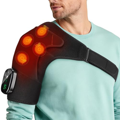 Almohadilla Masajeadora para Hombros Térmica Sin Cable, Soporte Térmico para Hombros con Control de Pantalla Táctil, 5 Niveles Calor, 5 Modos Vibración, Temporizador, Batería 5000mAh, 4 Motores-Negro