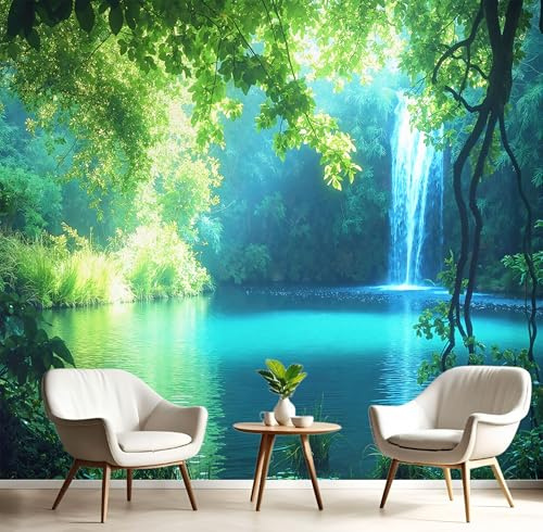 Paisaje Realista Lago Y Vegetación Papel Pintado Fotomurales Para, Estilo Natural Papel Tapiz Pintado En Tejido seda - Pared Moderna, Azul Verdoso Murales Fotográficos Decorativos - 450 x 315 cm