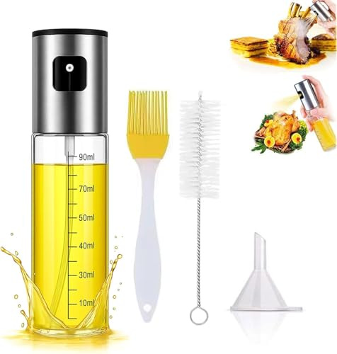 Spruzzatore Olio Spray in Acciaio Inox 100ml,Oliera Spray con Scala Filtro e Accessori, Spruzzino Olio per Cucina Sana, Friggitrice ad Aria, BBQ, Insalata, Casa, Chef e Famiglie Kit,BPA-Free(1Pcs)