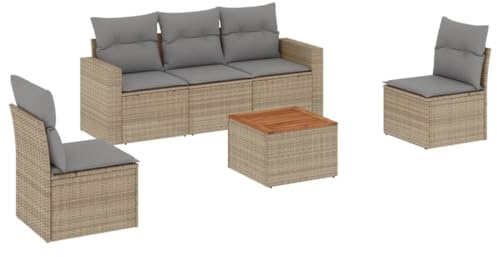 XHNIFBN Set di 6 divani da giardino in polyrattan, set lounge con tavolo in legno di acacia, gruppo sedute per terrazza e giardino, mobili modulari in rattan con cuscini beige