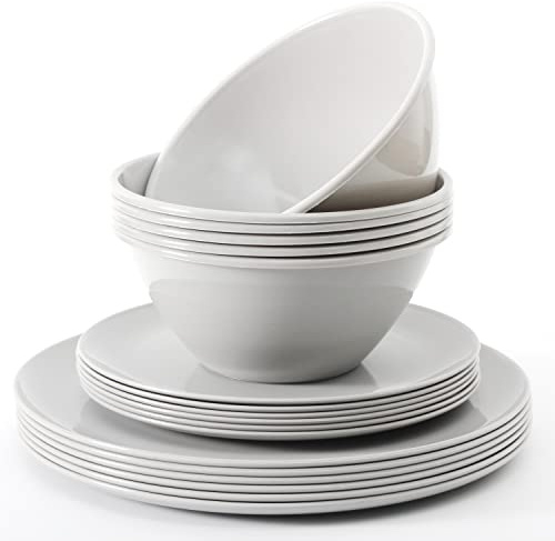 Youngever 18 Pieces Re-usable Plastic Kitchen Dinnerware Set, Plates (20CM & 25CM), Bowls (1000ML), Service for 6 (Grey)
