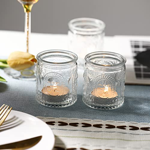12PCS Glass Tea Light Candle Holders,Vintage Candle Jar, Coloured Tealight Holders, Votive Candle Stand for Indoor, Outdoor, Garden, Dinner, Church, Weddings, Home Décor, Gifts (Clear)