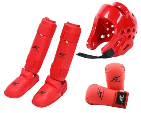 rockible Karate Sparring Gear Set Guanti Attrezzatura da Allenamento Allenamento Boxe Head Gear con Parastinchi MMA Sanda Taekwondo Karate, Rosso XS