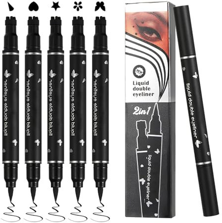 5 Pcs Eyeliner, Double tête Ensemble de stylos tampon liquide Eyeliner, Eyeliner noir, Anti-Taches ImperméAble Et Durable, Triangle, Cœur, Étoile, Fleur, Papillon pour Maquillage Artistique