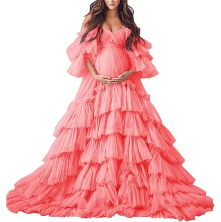 SAYNO Tulle Maternity Dress for Photoshoot, Long Sheer Puffy Ruffle Bridal Lingerie, Baby Shower Pregnancy Dress QSAW479 Coral UK20