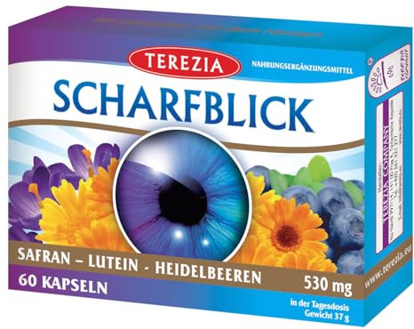 TEREZIA SCHARFBLICK 60 Kapseln – Natürliche Augengesundheit | Scharfblick, Lutein, Safran, Heidelbeere, Kurkuma & Zink | Unterstützt Sehvermögen & Mikrozirkulation | 2-Monats-Packung