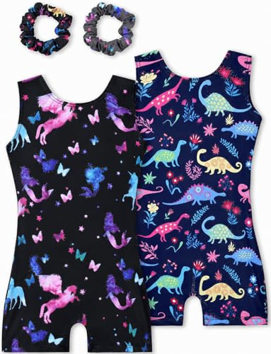 Tstiti Gymnastics Leotards for Girls 2 Pack Sparkly Kids Biketards Dance Unitards Matching Hair Scrunchies