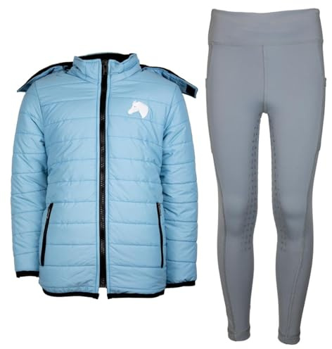 MS-Trachten Set da equitazione invernale per bambini, giacca da equitazione Moni, azzurro, trapuntata con inserti in silicone, colore: grigio, Azzurro, 122-128