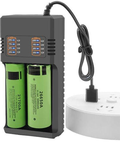 18650 Battery Charger - Universal Fast USB Charger for 3.7V Li-ion & 1.2V Batteries (18650, 21700, 26650, 14500, 16340, 18350) - Dual Slot Smart Charger with USB Cable (Black)