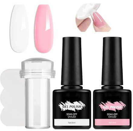 French Manicure Nail Polish Gel Kit With Stamp, Pink & White Jelly French Manicure Nail Art Tools, Jelly Gel Nail Polish Stamper Accessories Set for Women