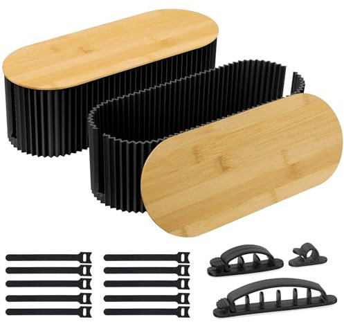 BEZORR Cable Management Boxes, set of 2 Cable Tidy Box,Wire Management Organizer,Cables Organised Box with Bamboo Lid for Hiding Messy Cables Black