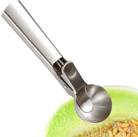 Digger de frutas de acero inoxidable, cucharada de helado, baller de sandía, cuchara de porción, liberación de gatillo sin esfuerzo, agarre sin deslizamiento, 7.56x2.24 pulgadas, uso en el hogar y com
