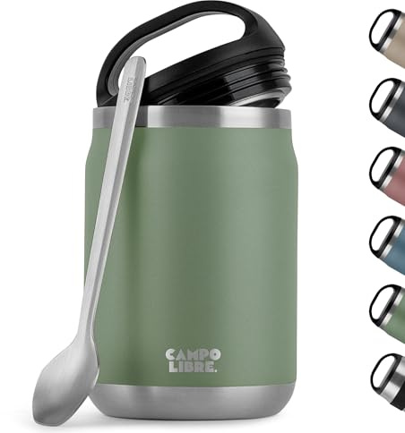 Campo Libre.® Lotta, Thermobehälter für Essen, Edelstahl Thermobecher Essen mit Löffel, Warmhaltebehälter Essen, Mueslicup oder Babybrei Warmhaltebox, Thermo-Essensbehälter, Green, 800ml
