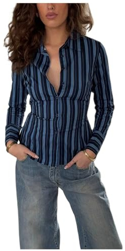 Miqil Women Fitted Striped Button Up Shirt Y2K Tie Back Long Sleeve Collared Blouse Slim Fit Lace Up Button Down Shirt (Dark Blue, S)