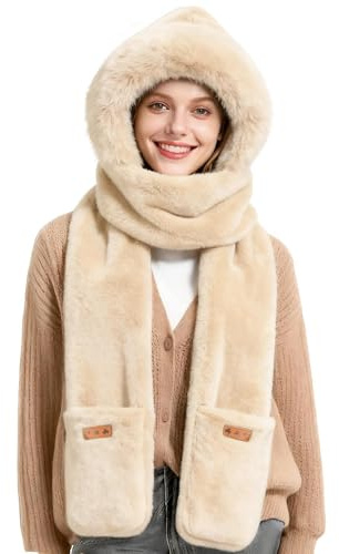 RainFlowwer Hooded Scarf for Women Winter, Ear Hat Scarf 3 in 1Faux Fur Gloves Set Soft Thick Warm Hat, Beige