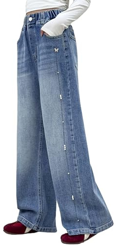 Rolanko Vaqueros Baggy para Niñas, Cintura Alta Elástica Pierna Ancha Pantalones de Denim Loose Bootcut para Niños 6-15 Años