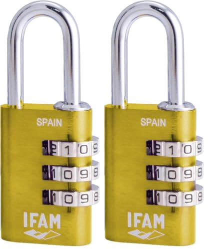 IFAM Candado de Combinación Col Combi, 20mm, Color Amarillo, Máxima Seguridad, Ideal para Mochilas y Maletas, Con Clave y Más de 1.000 Combinaciones, Aluminio, Gran Ligereza, Arco 3mm (Paquete de 2)