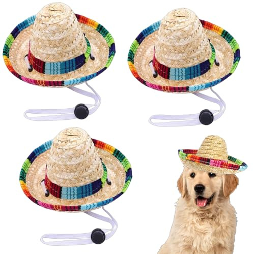 Cappello da sole per animali in paglia, cappellino estivo regolabile per cani e gatti, colore vivace con bordi decorati, perfetto per spiaggia e feste