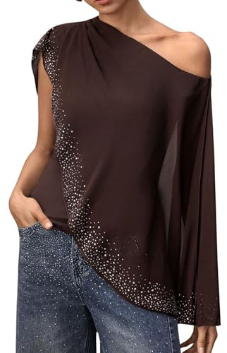 Verdusa Women's Rhinestone Chiffon Wrap Top Off The Shoulder T Shirt Festival Outfits Going Out Tops Brown Medium