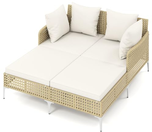 COSTWAY Bain de Soleil Double en Rotin PE, Cadre en Métal, Charge 360 kg | 2 Coussins d'Assise et 4 Coussins de Dossier, Transat de Jardin Exterieur 2 Places pour Piscine Terrasse Porche