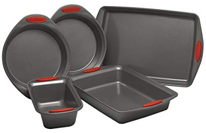 Rachael Ray Nonstick Bakeware with Grips includes Nonstick Bread Pan, Baking Pan, Cake Pans and Cookie Sheet / Baking Sheet - 5 Piece, Gray with Red Grips