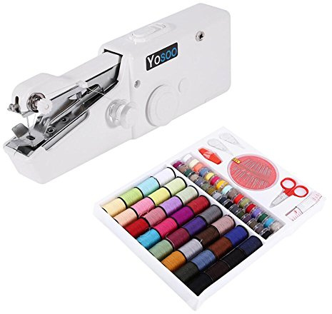 Minimáquina de coser portátil manual + caja con 64 hilos de coser tejido fino (tejido de grosor máx. 1,8 mm)
