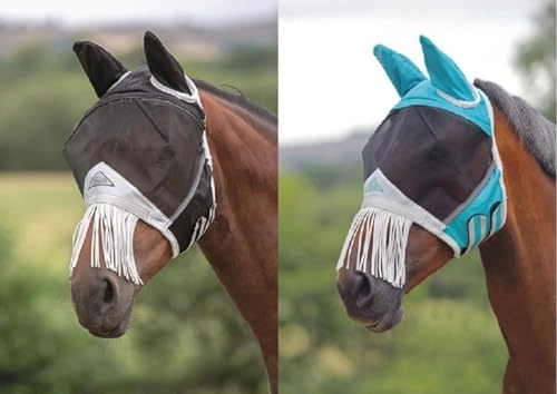 Shires Fine Mesh UV Fly Mask with Ears & Nose Fringe Teal/Full/Single
