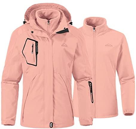 YSENTO Veste de ski 3 en 1 pour femme - Veste polaire imperméable - Coupe-vent - Chaud et fonctionnelle - Avec capuche amovible, Rose, L
