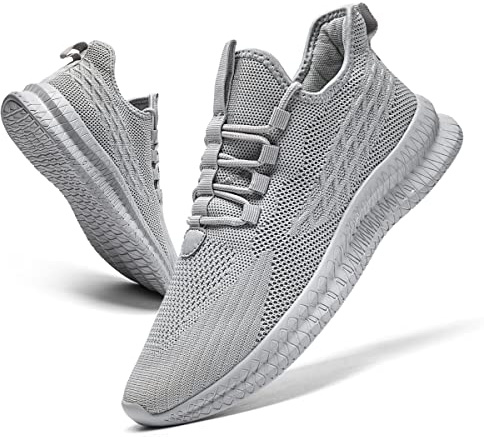 FUJEAK Mens Trainers Shoes Walking Running Gym Slip on Tennis Sneakers Joggers Sport Casual Outdoor Fashion Jogging Shoes Lightweight Breathable Comfortable Light Grey Size 9 UK